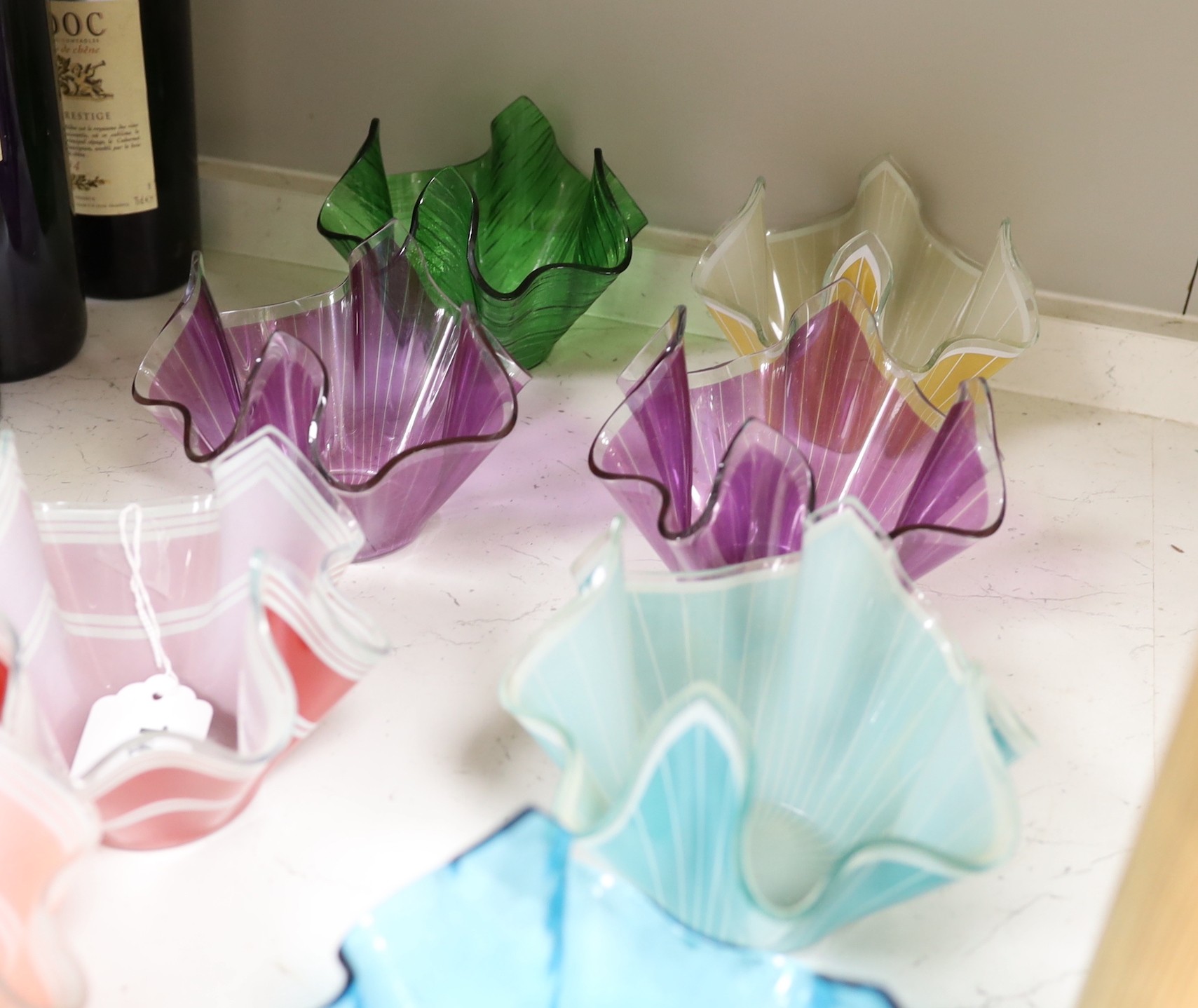 Twelve Chance glass handkerchief vases, approximately 10 cm high